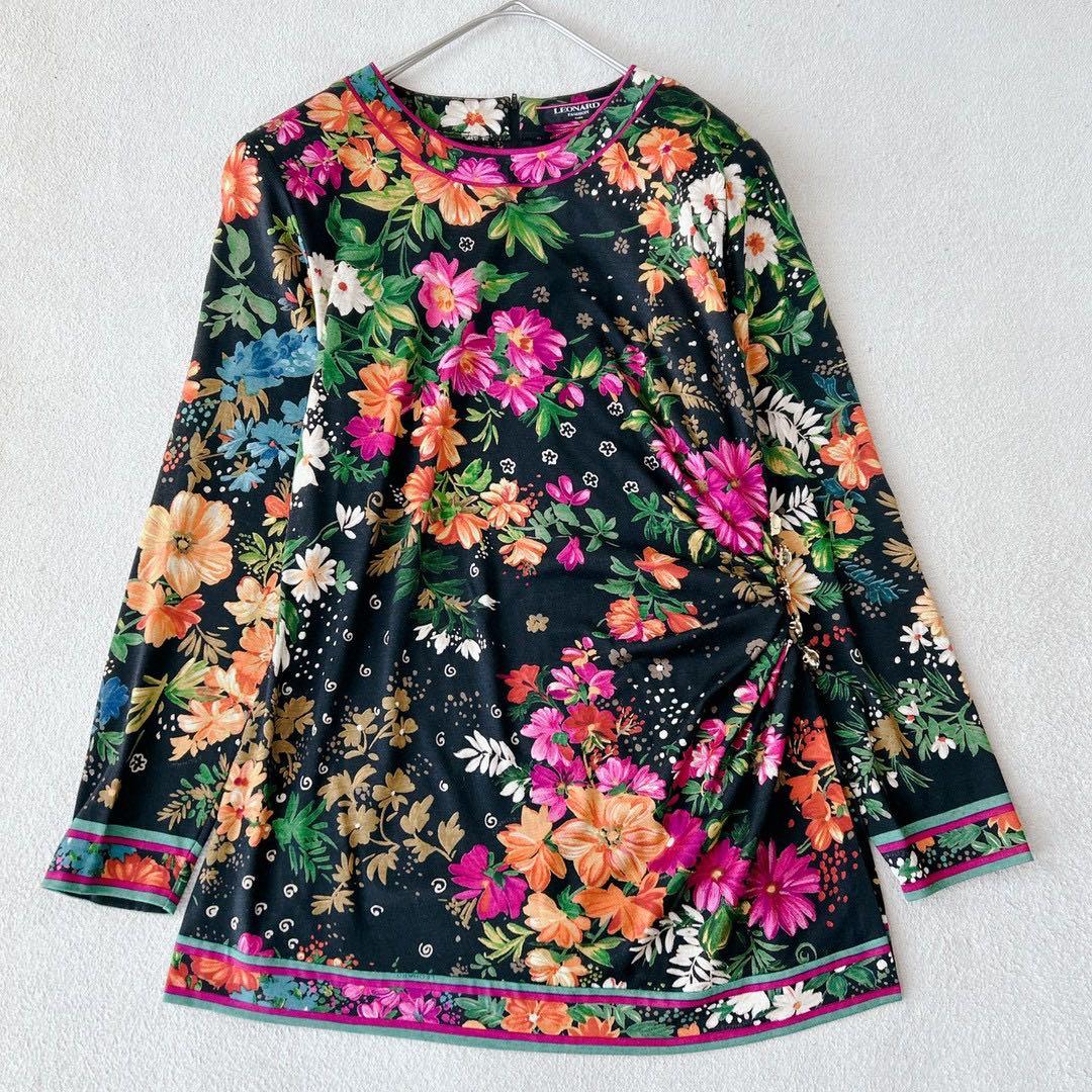 美品✨レオナール　チュニック　ブラウス　長袖　花柄　トリム　シルク　L