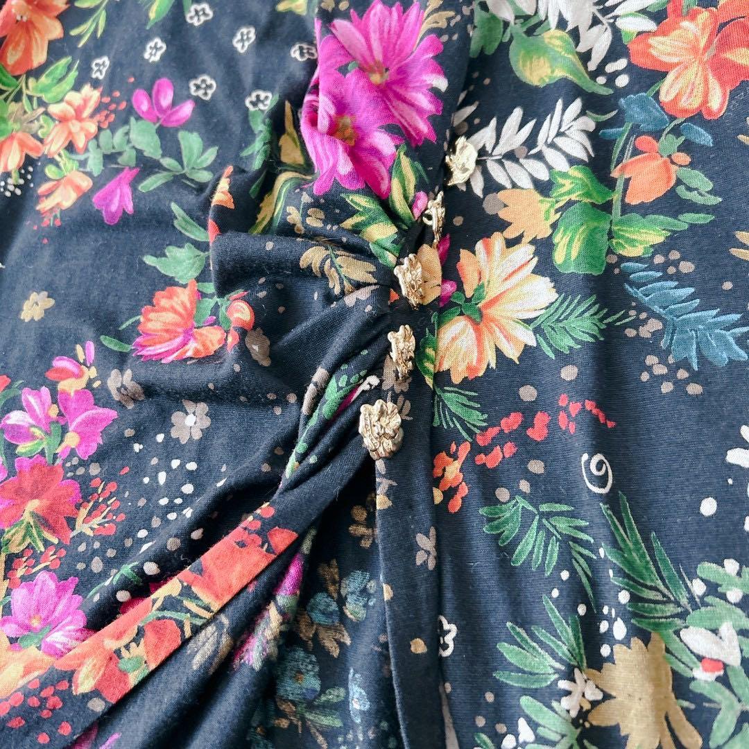 美品✨レオナール　チュニック　ブラウス　長袖　花柄　トリム　シルク　L