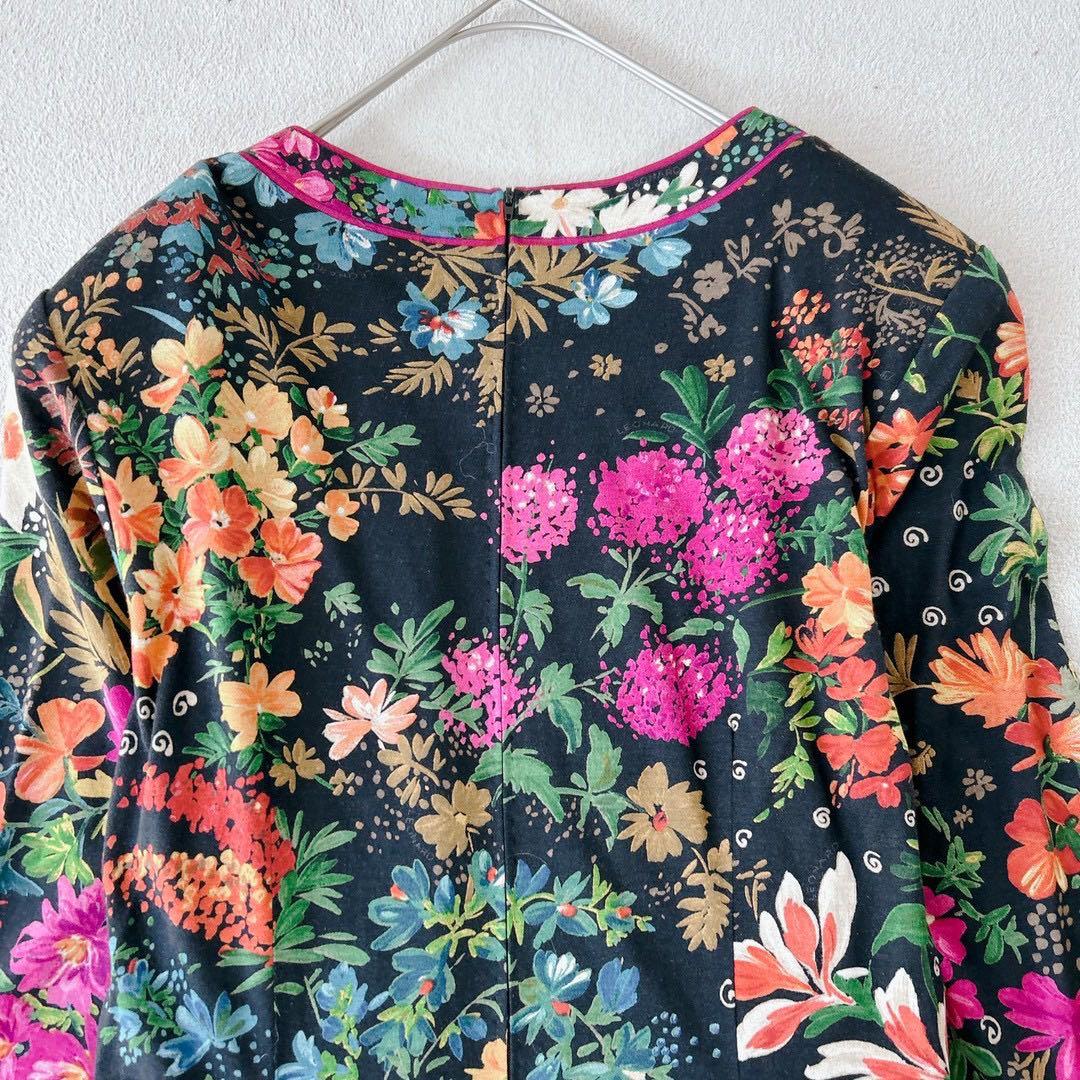 美品✨レオナール　チュニック　ブラウス　長袖　花柄　トリム　シルク　L
