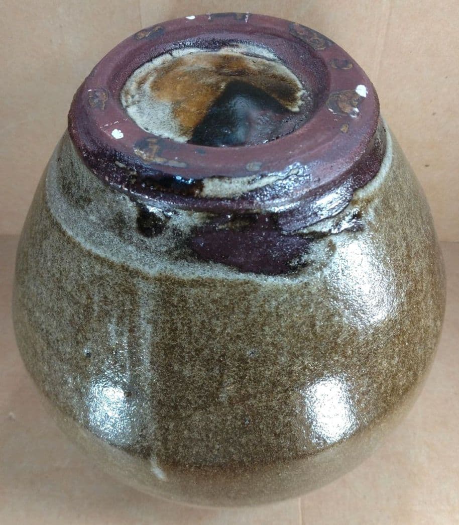 人間国宝 濱田庄司(浜田庄司) 掛分肩紐花瓶【濱田友緒識箱】益子焼 誂え桐箱