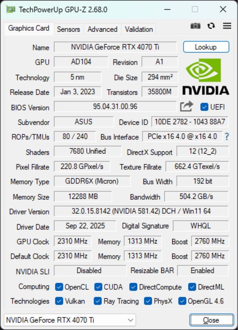 【GPU】ASUS ROG RTX 4070 Ti 12G【中古】