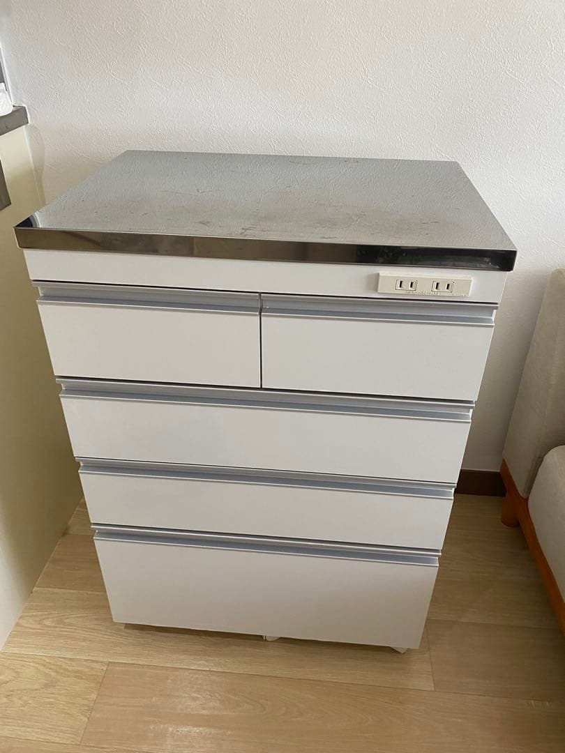 ホワイト ステンレス天板 キッチン収納 4段引き出し