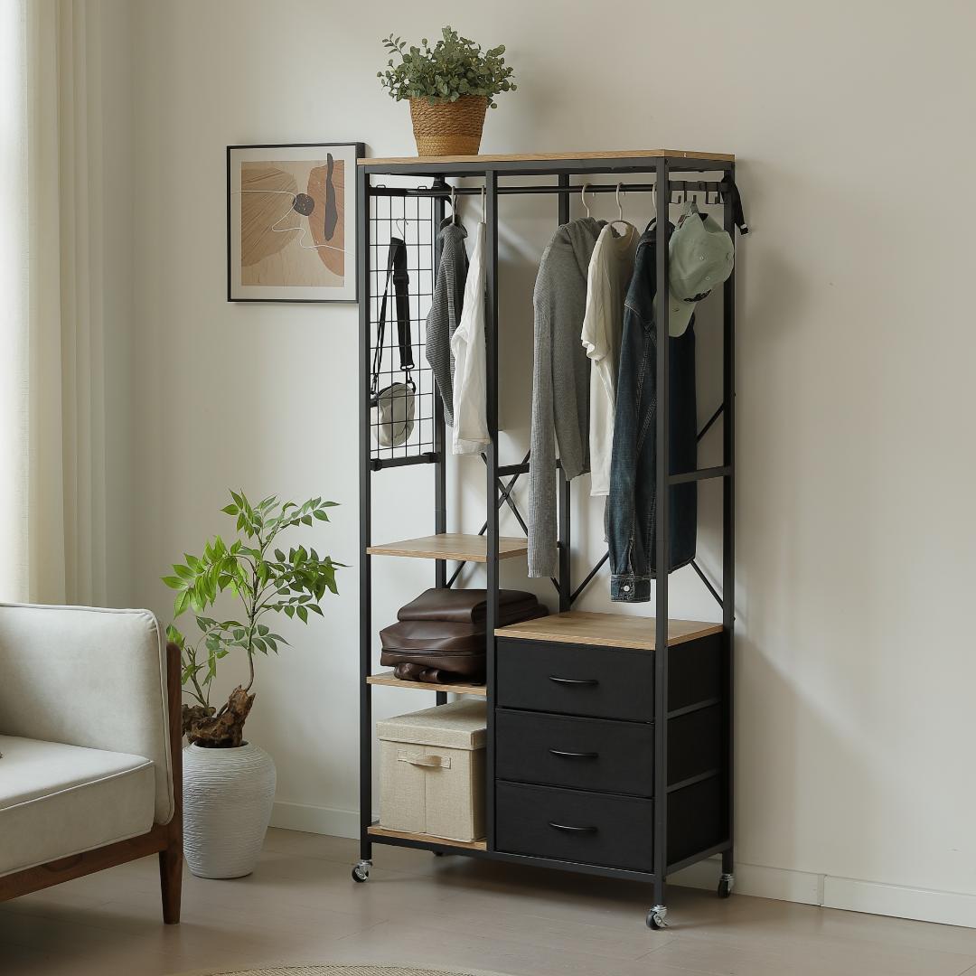 ハンガーラック 引き出し付きスリム 幅80ｘ奥行35cm タンス付き　BLACK