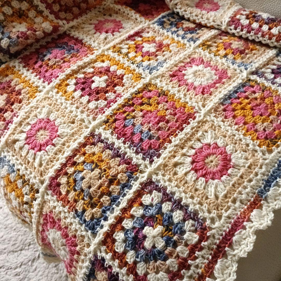 手編みブランケット★ウール★オパール毛糸★フラワーモチーフ★グラニースクエア
