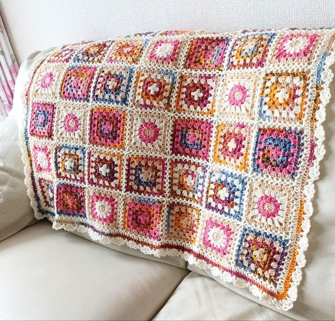 手編みブランケット★ウール★オパール毛糸★フラワーモチーフ★グラニースクエア