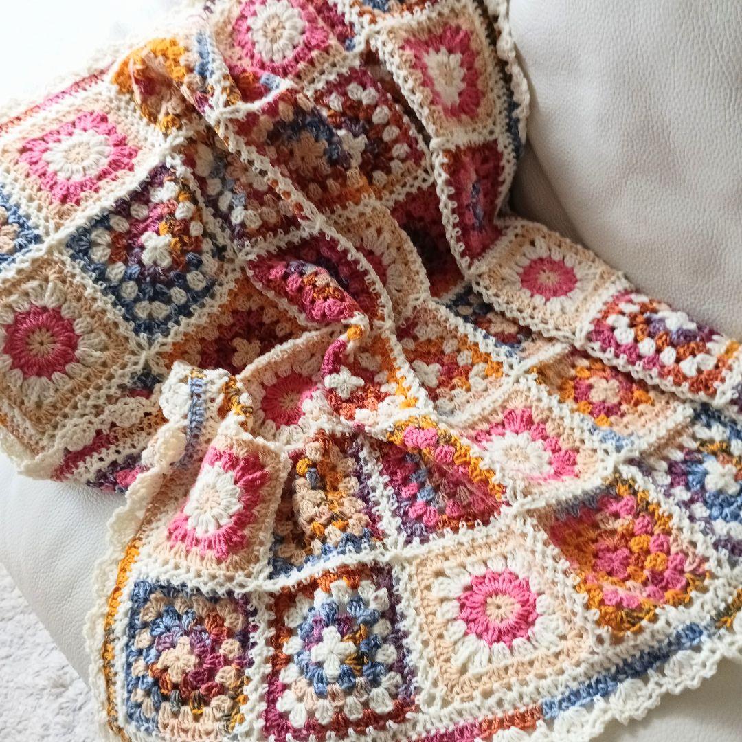 手編みブランケット★ウール★オパール毛糸★フラワーモチーフ★グラニースクエア