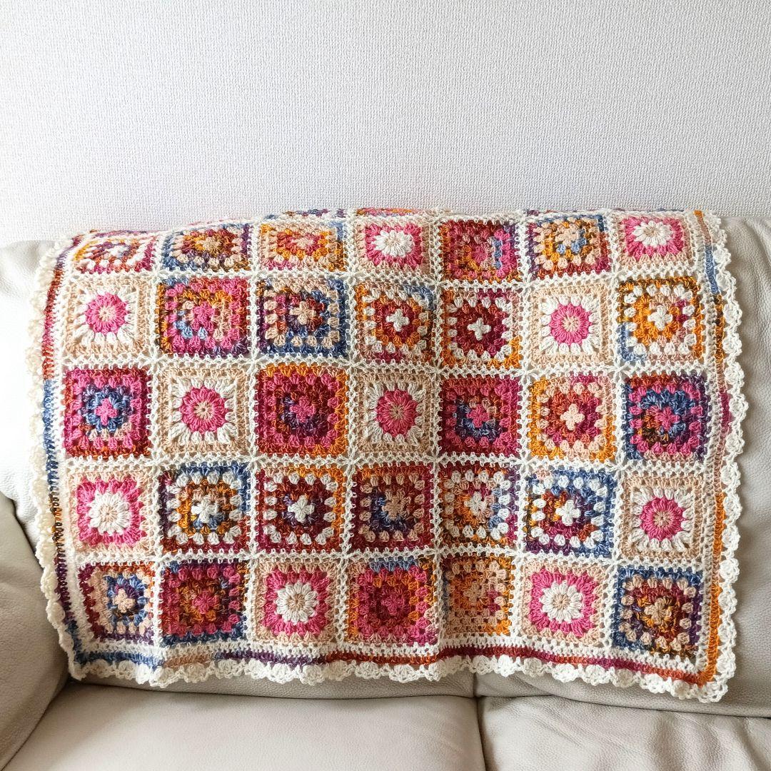 手編みブランケット★ウール★オパール毛糸★フラワーモチーフ★グラニースクエア