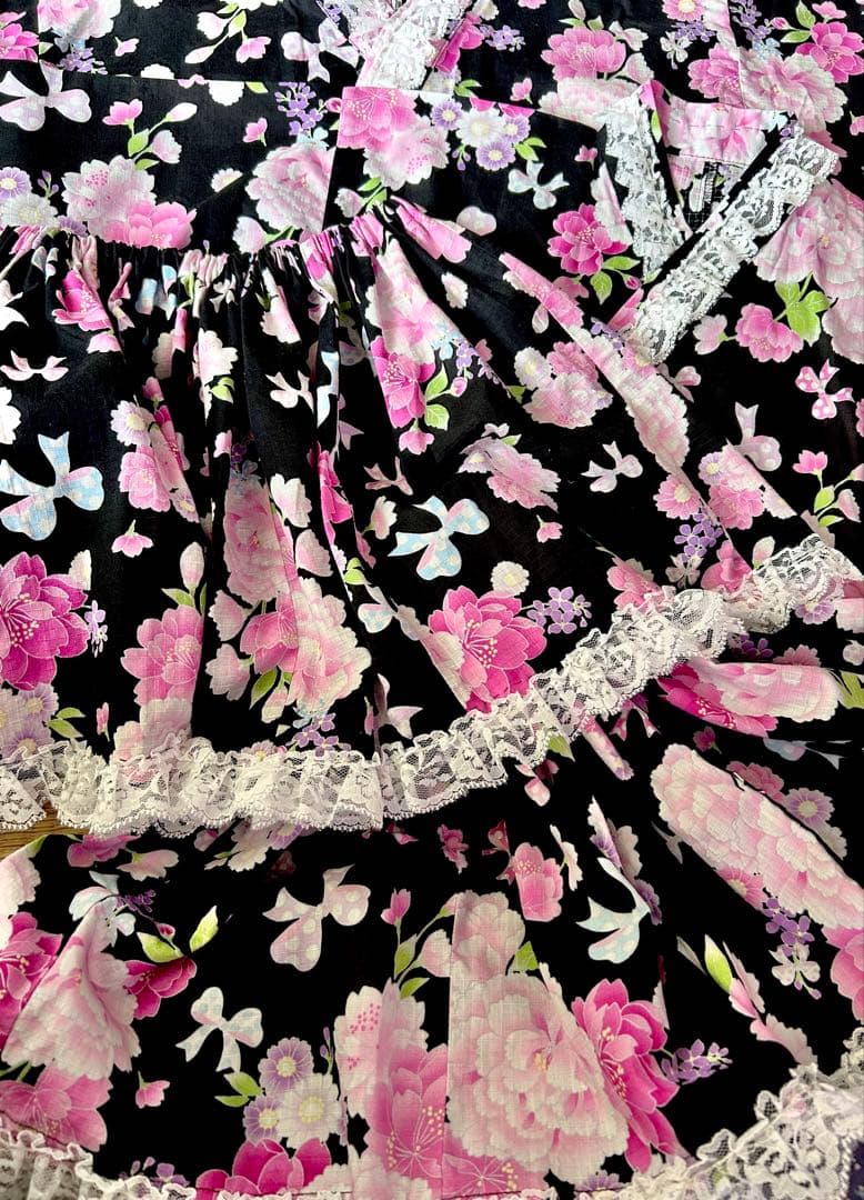 浴衣ドレス♡黒ピンク♡リボン柄150160ML♡おそろい2点ありますキティクロミ