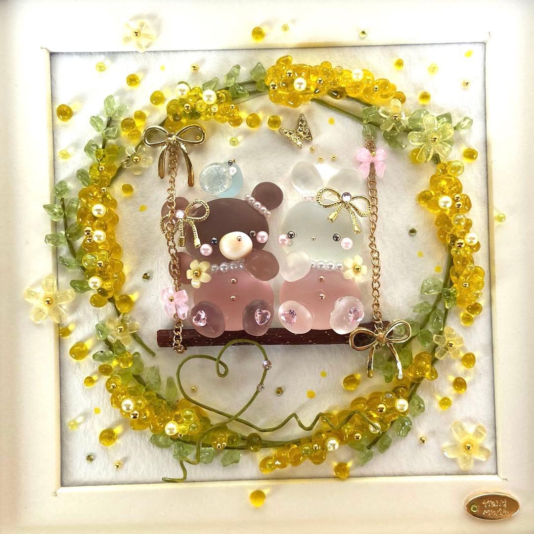 ♡ミモザリースのブランコで...♡シーグラスアート くまさんうさぎさん