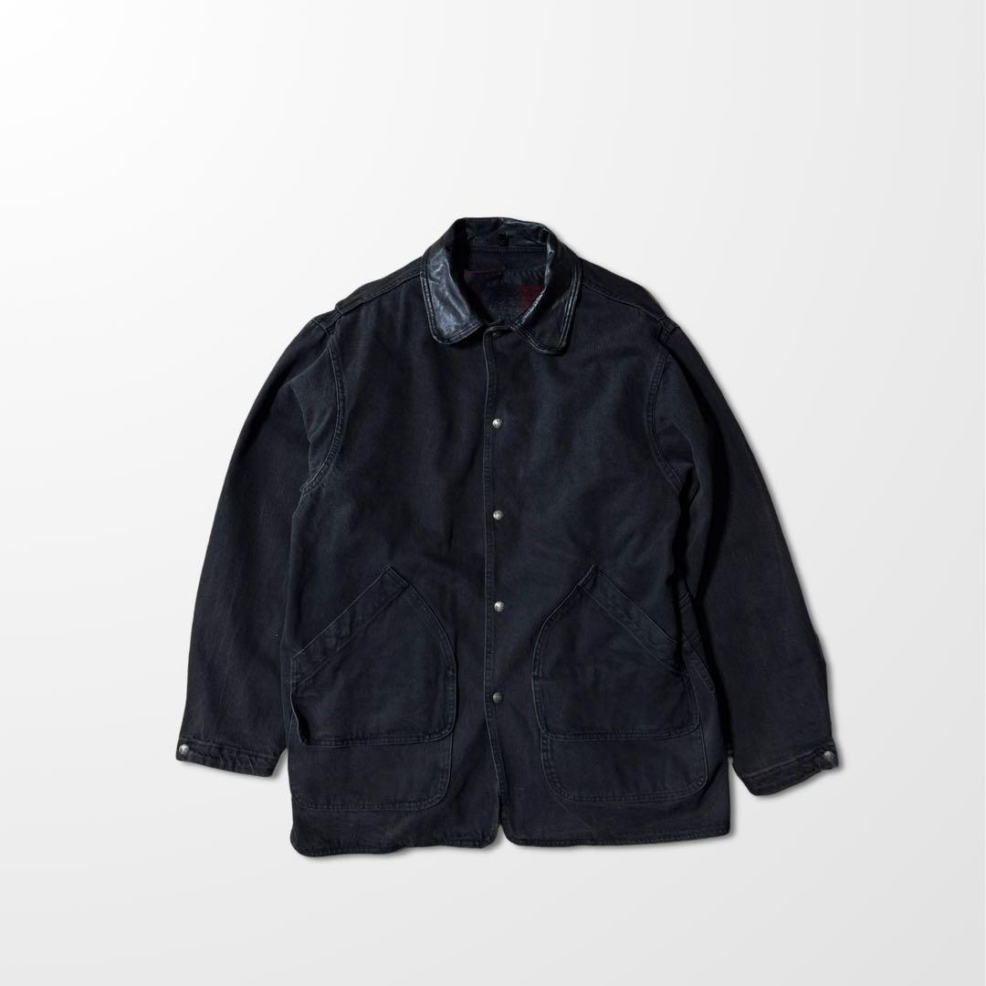 デニム　レザー　ワーク　ジャケット　襟レザー　ブラック　チョア　古着　ブラック