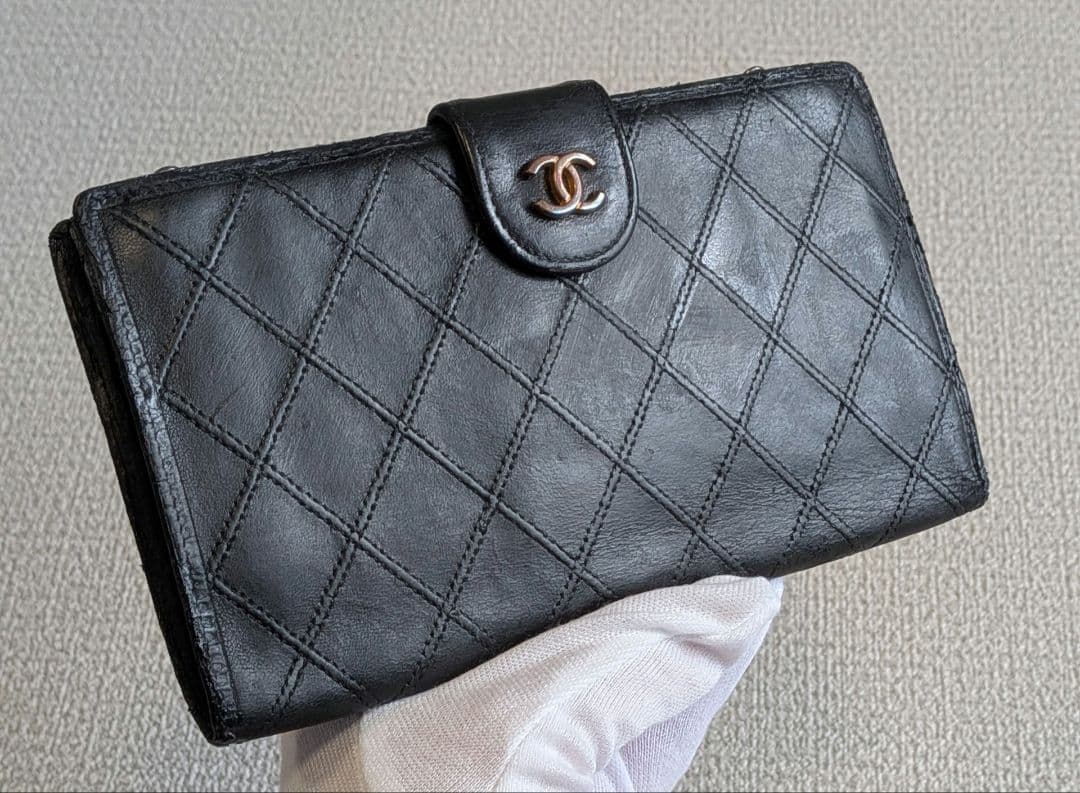 シャネル　ビコローレ　がま口長財布　黒　ラムスキン　チェーンウォレット