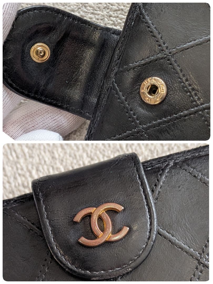 シャネル　ビコローレ　がま口長財布　黒　ラムスキン　チェーンウォレット