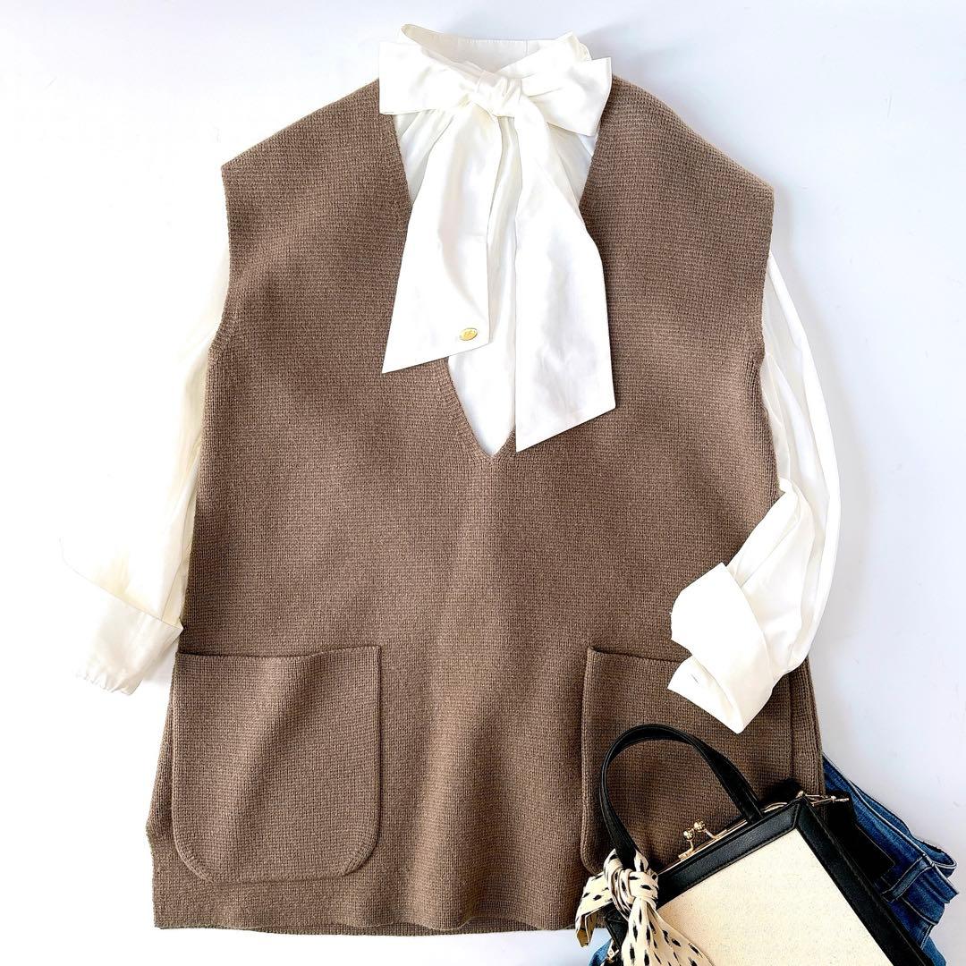 美品⁑ドゥロワー　9Gウールカシミヤ ミラノ編み Vネックニットジレ　ブラウン