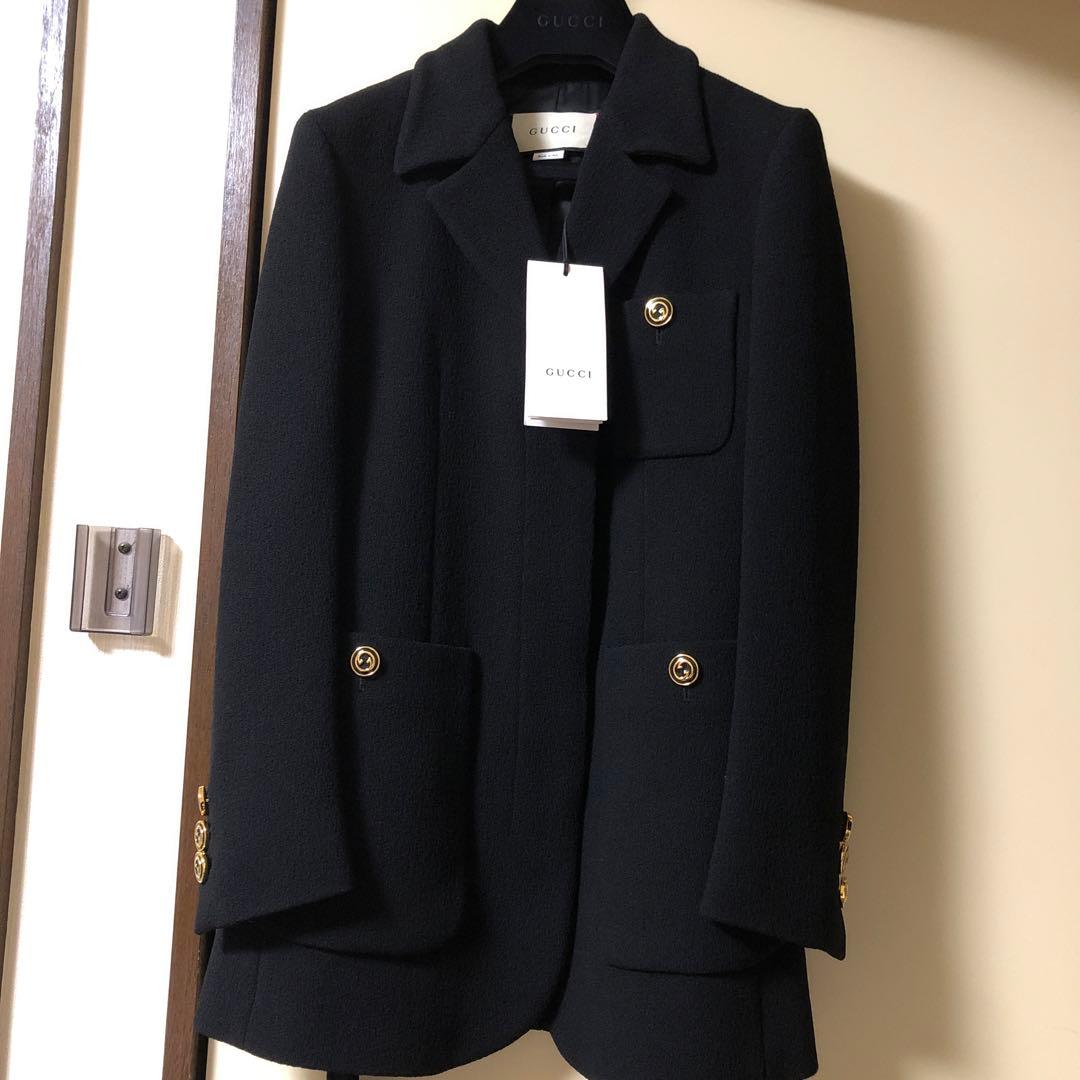 タグ付き　グッチ　インターロッキングゴールド縁取りGボタン　コート　黒
