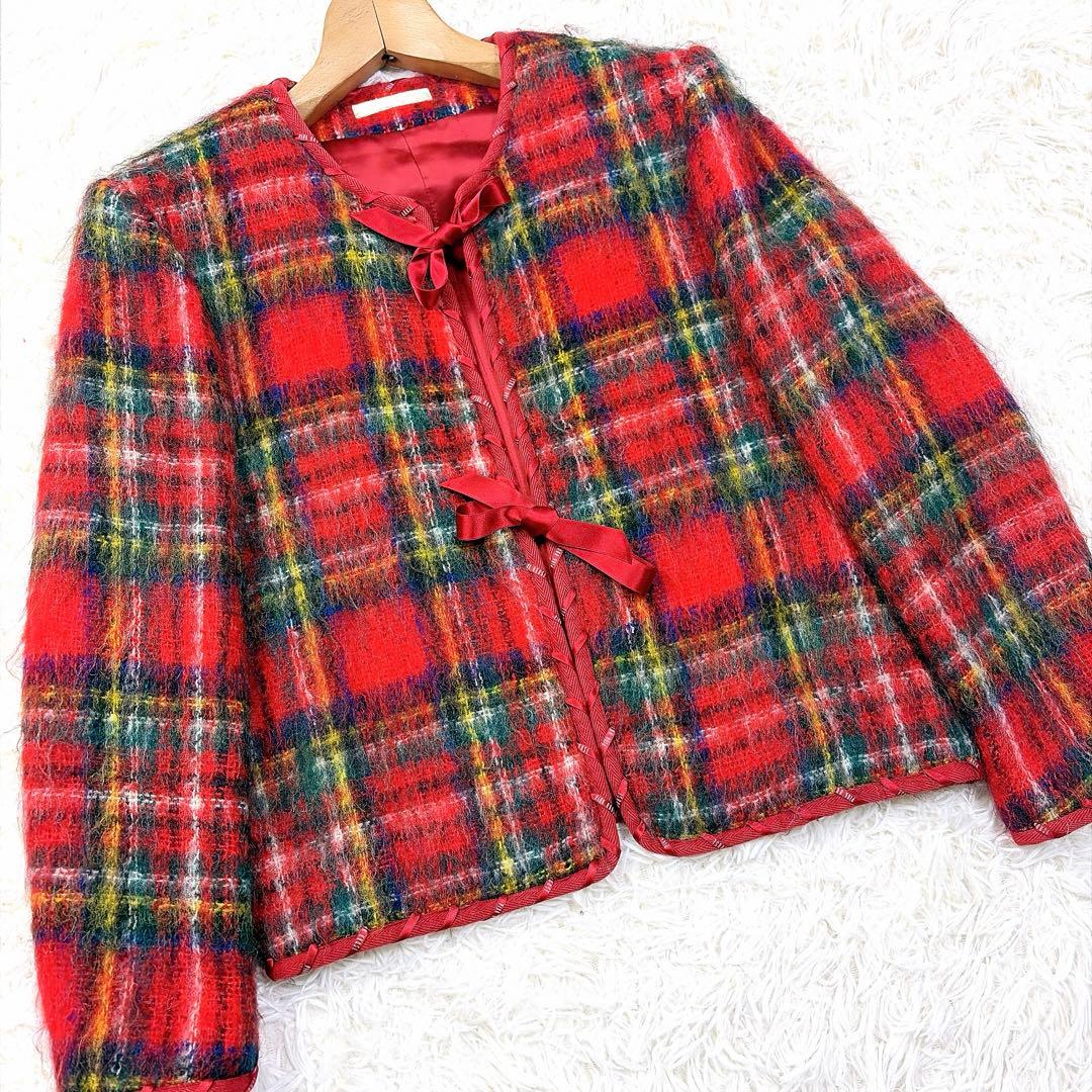 pinkhouse archives モヘアシャギーチェックジャケット　リボン