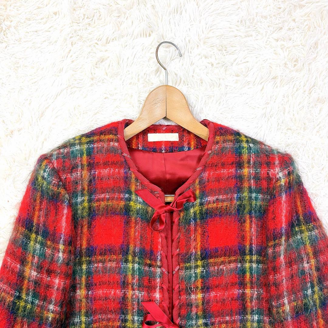 pinkhouse archives モヘアシャギーチェックジャケット　リボン