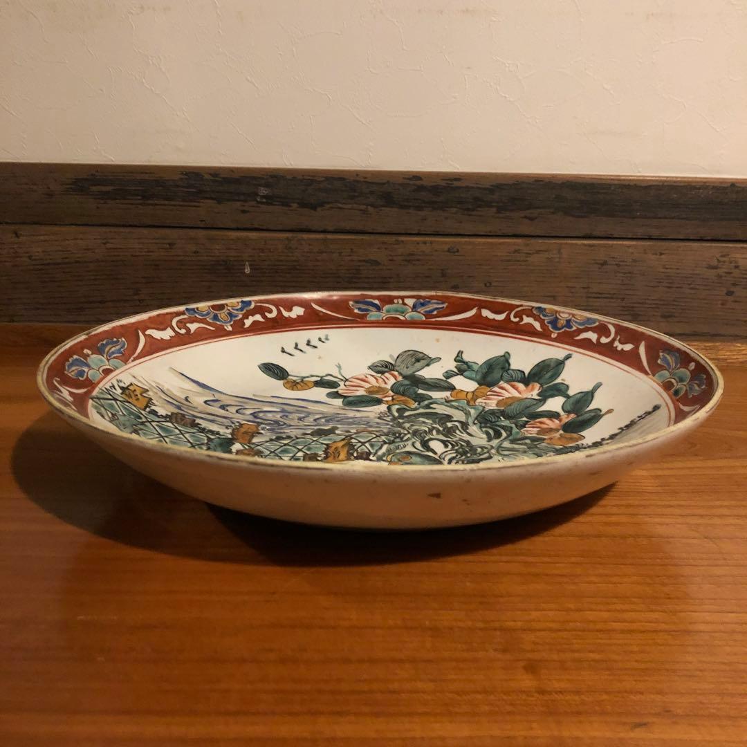 古い九谷焼の色絵大皿約37cm皿立て付き
