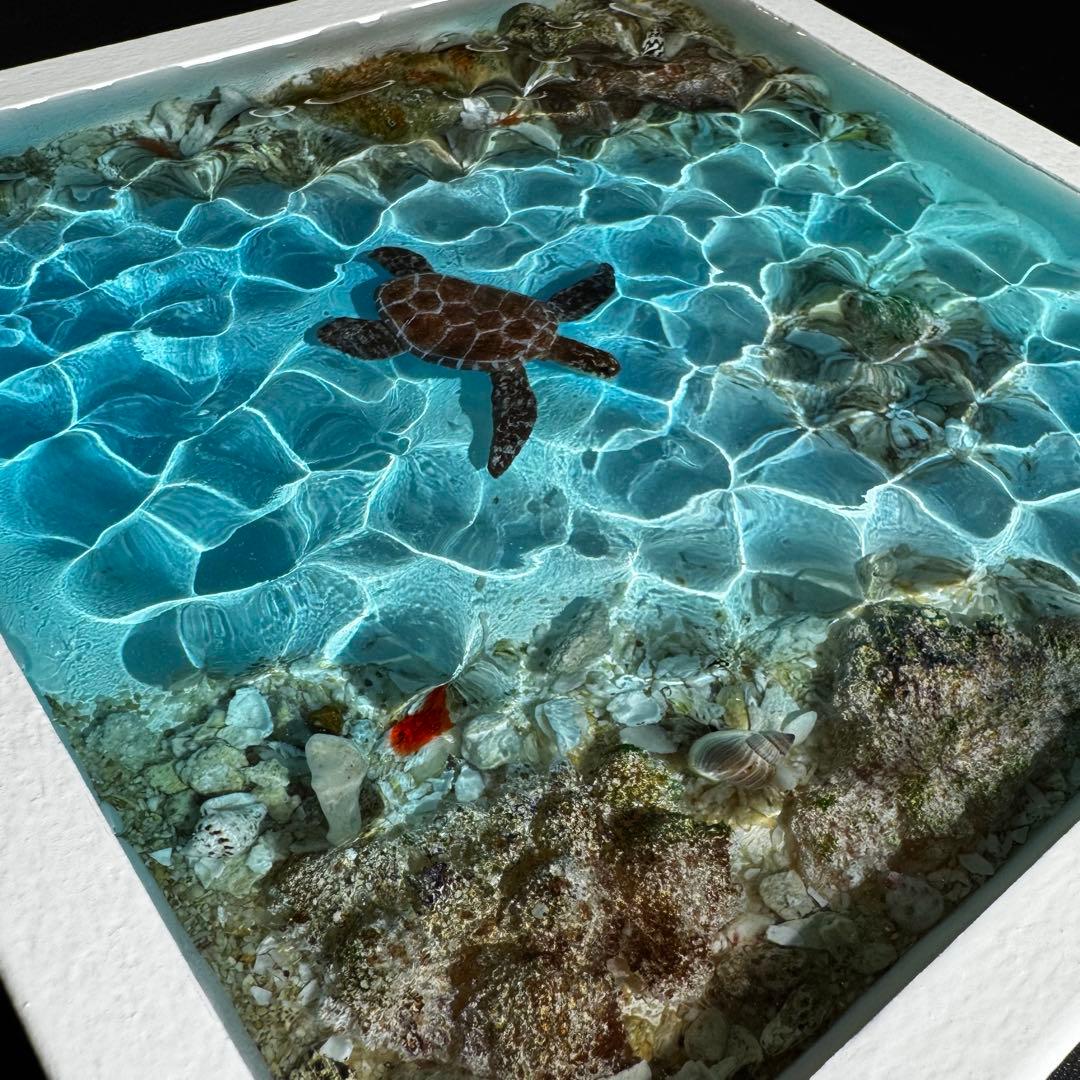 レジンアート オーシャンアート ウミガメ ホヌ 海 アート 波紋 アートパネル
