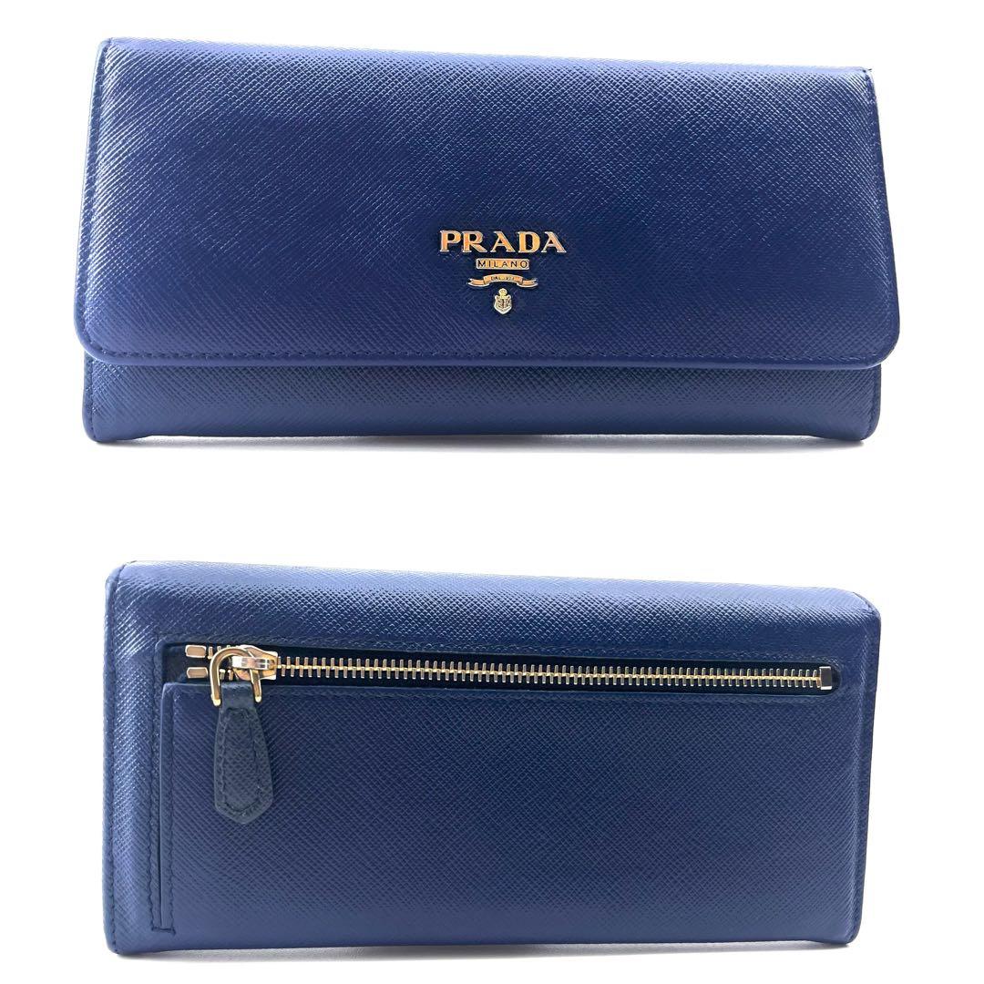 PRADA　サフィアーノレザー　青系　ゴールド　長財布　メタルロゴ　二つ折り