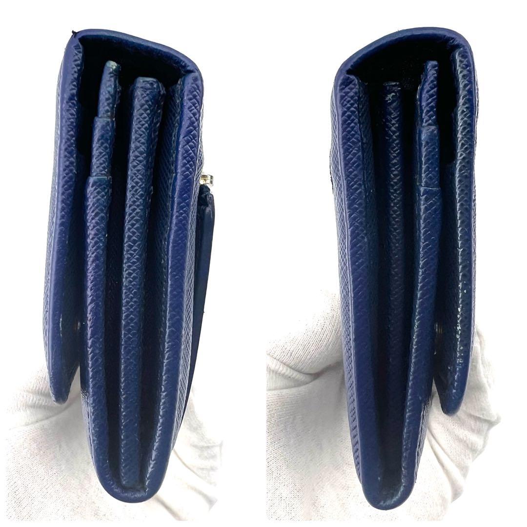 PRADA　サフィアーノレザー　青系　ゴールド　長財布　メタルロゴ　二つ折り