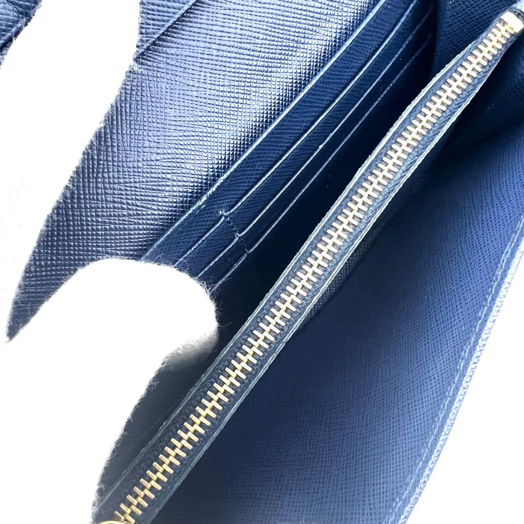 PRADA　サフィアーノレザー　青系　ゴールド　長財布　メタルロゴ　二つ折り