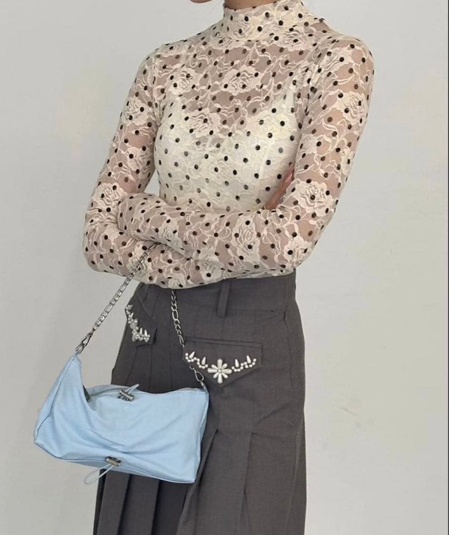 POPPY ドット　レース　シースルートップ　ハイネック