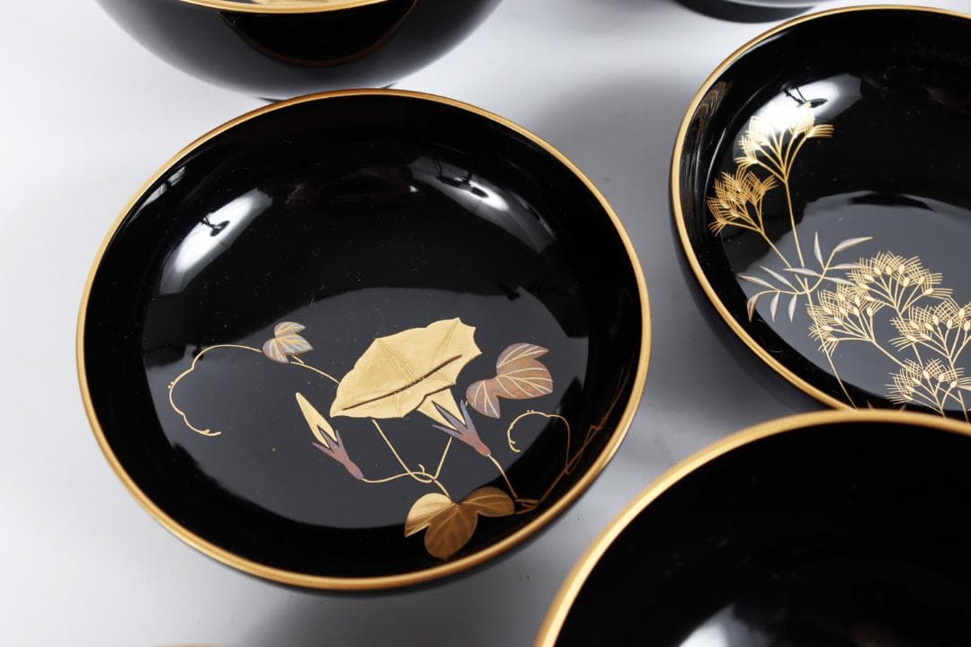 輪島塗 草花絵替 図替 蒔絵 煮物椀 五客 浅己　浅見②