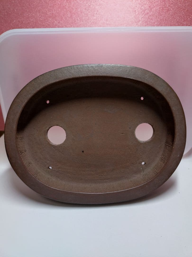 小型茶色陶器楕円形小品盆栽鉢