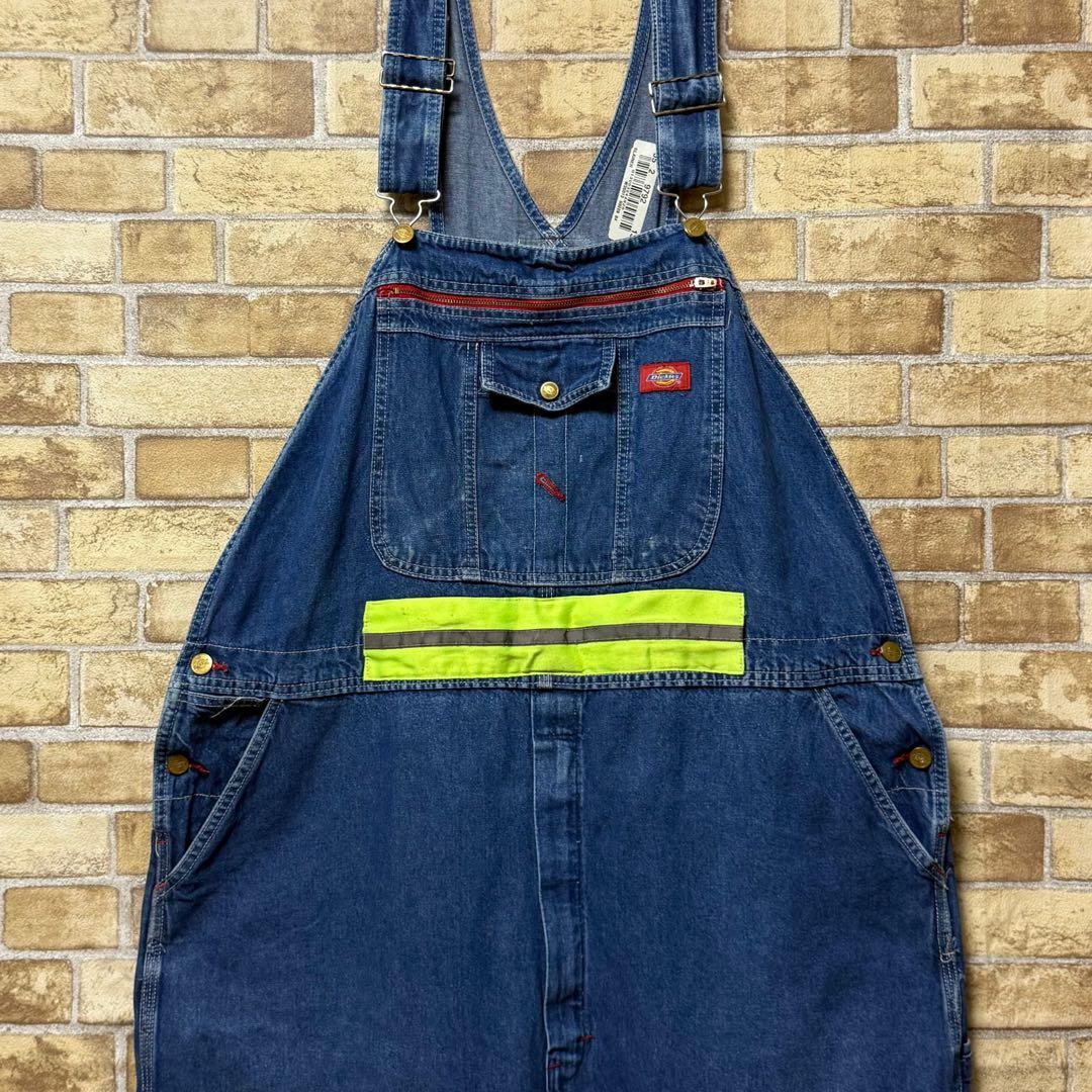 ディッキーズ　メキシコ製　デニムオーバーオール　リフレクター　ワーク　48/32