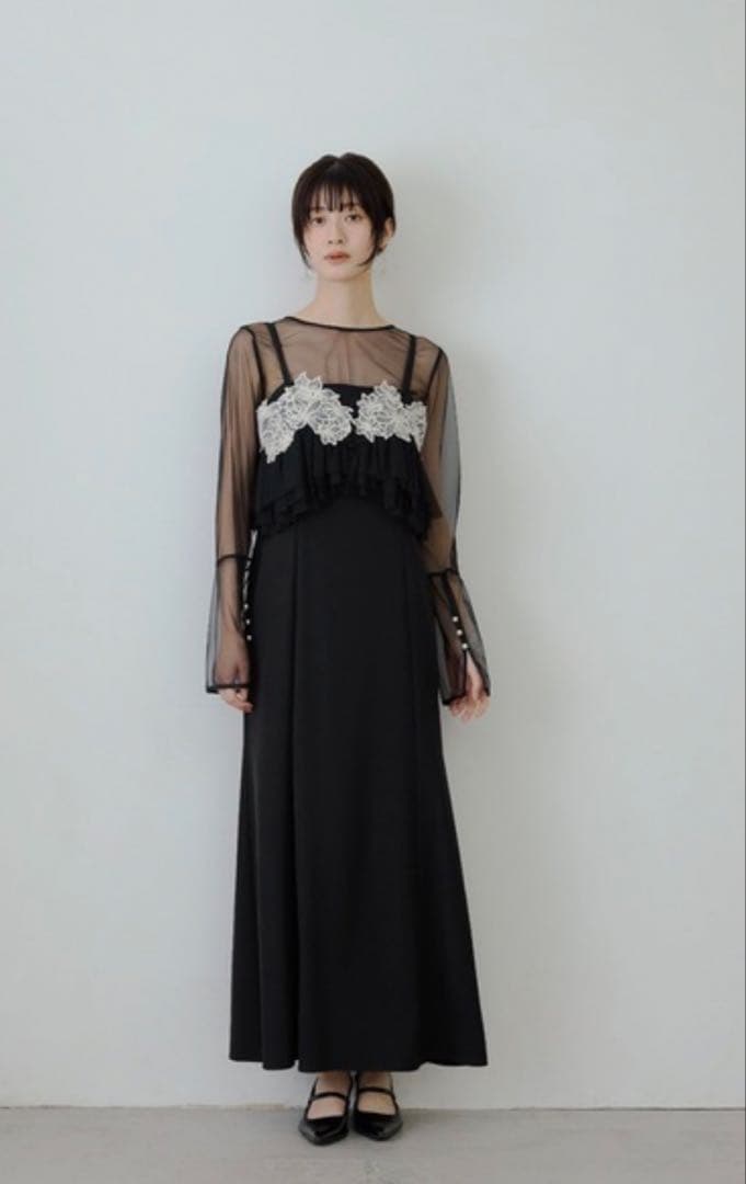 シースルーフリルドレス 黒　結婚式　お呼ばれドレス
