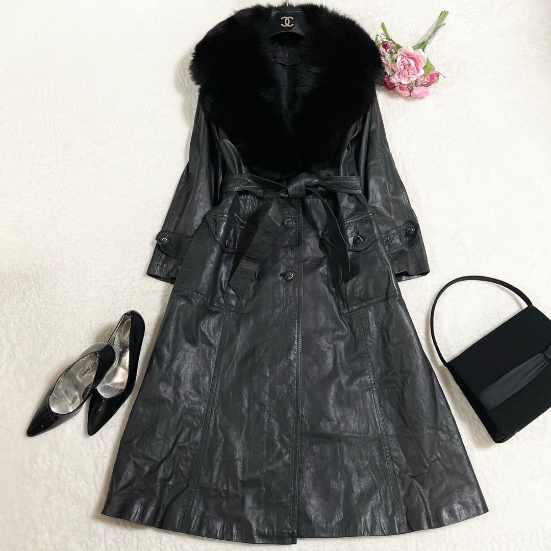 着丈112cm フォックス レザー ロングコート ベルト レディース ブラック