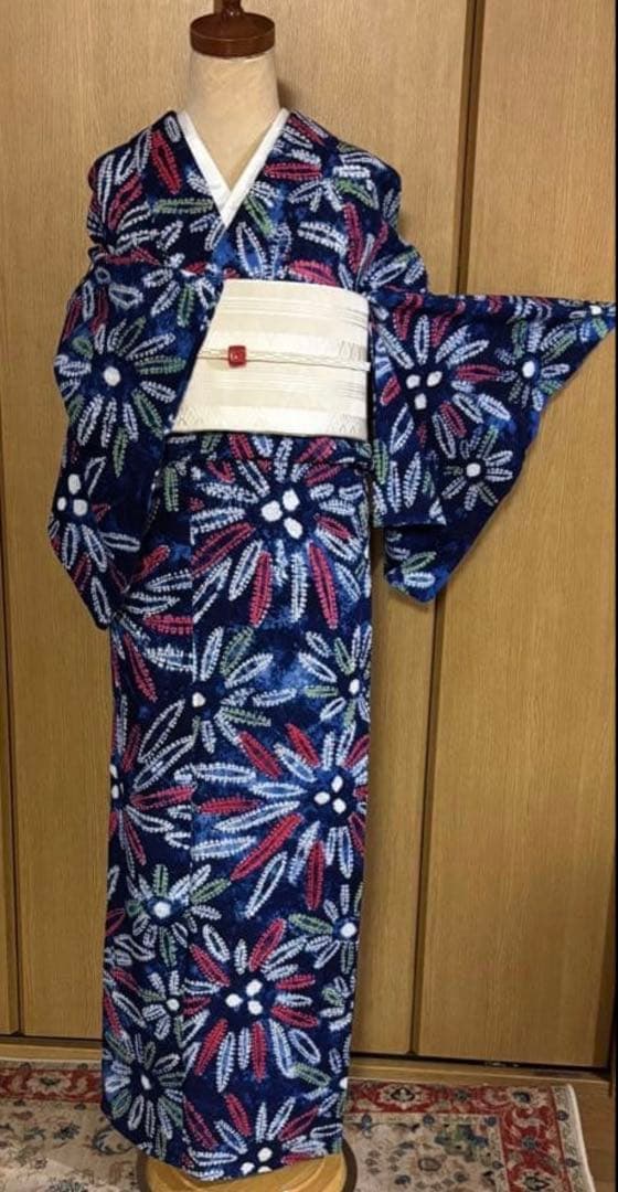 有松鳴海絞り浴衣　藍染タイダイ 大輪の花火？合わせ縫絞、小帽子絞　浴衣単品