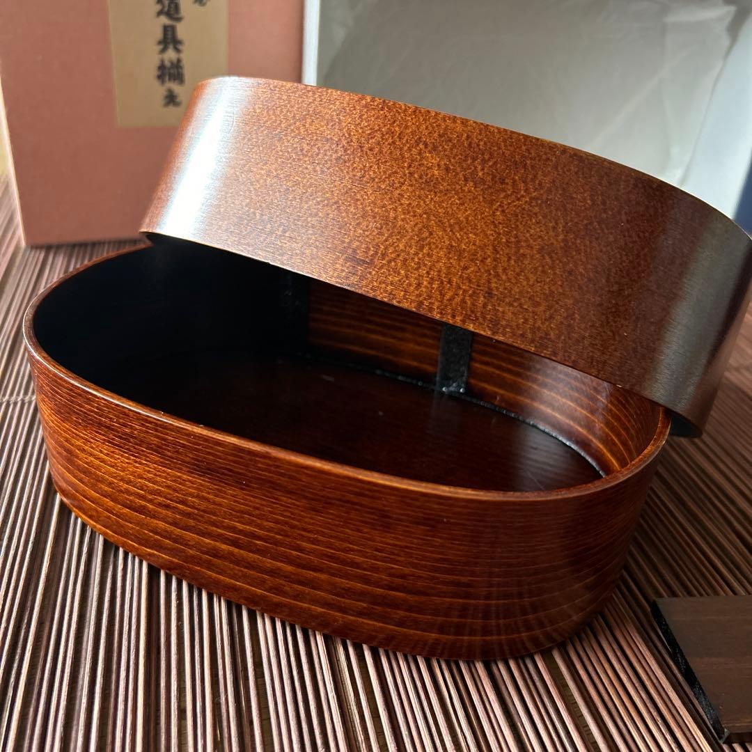 GWセール日本橋木屋　特選手造り弁当箱 曲輪 拭漆 小判型1段弁当箱　味の道具揃