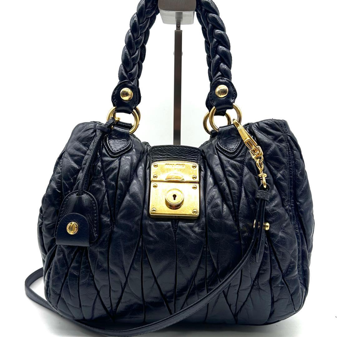 ミュウミュウ マトラッセ 2way ショルダーバッグ ゴールド金具 レザー 濃紺