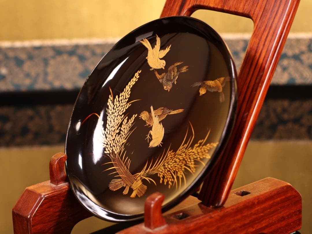 BK408　時代輪島塗　稲穂雀図金蒔絵　吸物椀　二客　木製　茶道具 懐石 会席