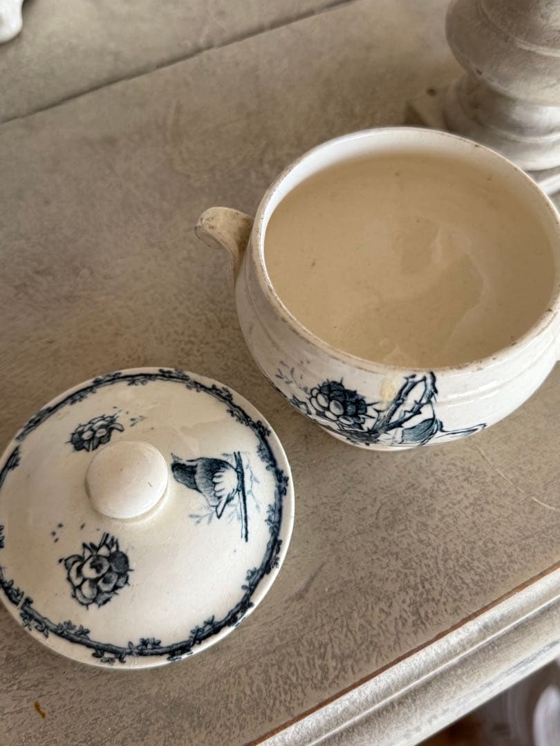 フランスアンティークデイネットおままごと陶器小鳥とベリー果実の絵柄スーピエール