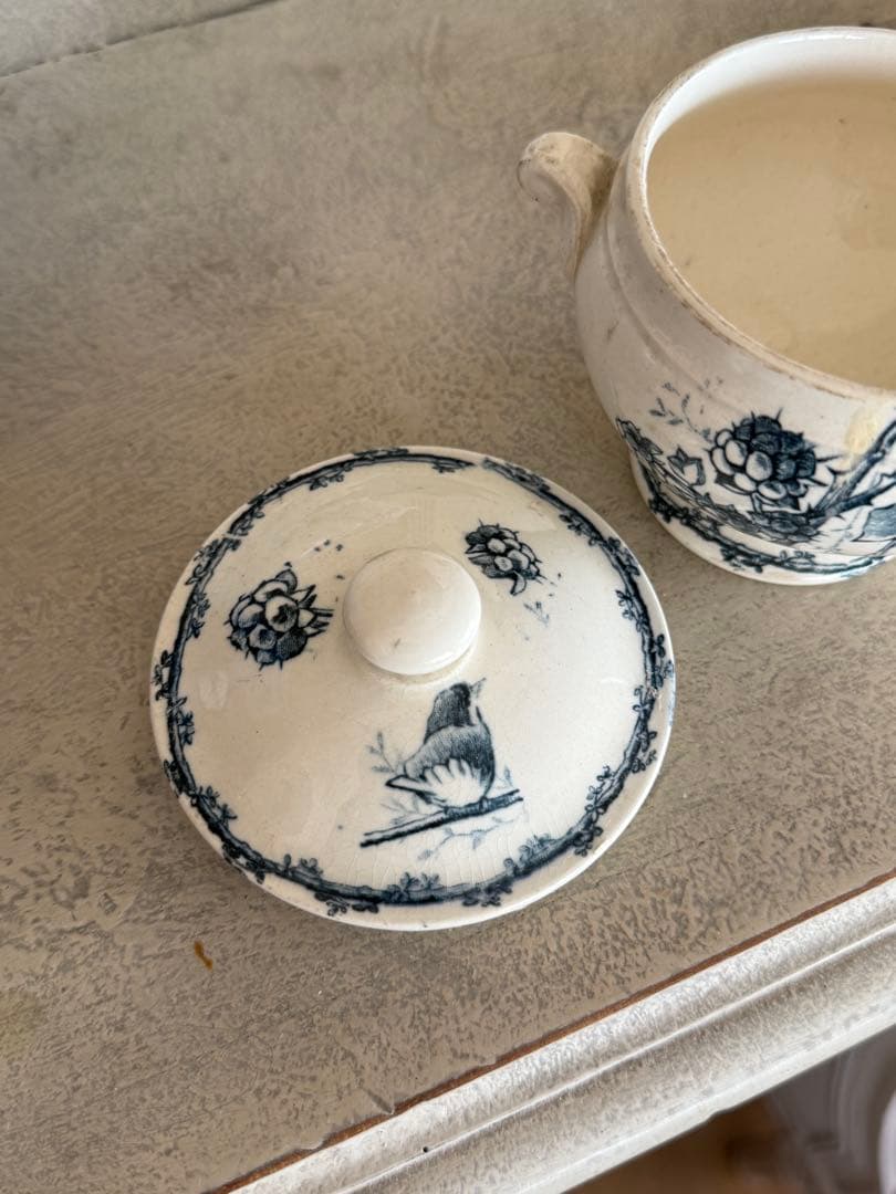 フランスアンティークデイネットおままごと陶器小鳥とベリー果実の絵柄スーピエール