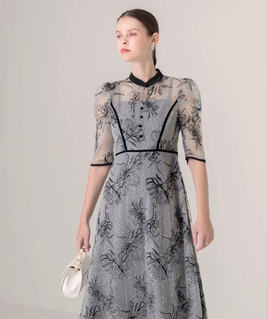 Leja配色パイピングプチハイネック花柄刺繍ラメレースロング丈ドレスワンピースS