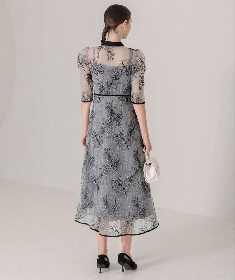 Leja配色パイピングプチハイネック花柄刺繍ラメレースロング丈ドレスワンピースS