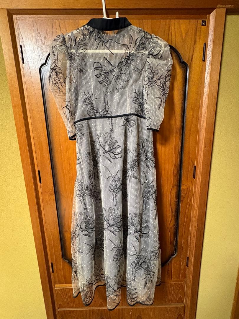 Leja配色パイピングプチハイネック花柄刺繍ラメレースロング丈ドレスワンピースS