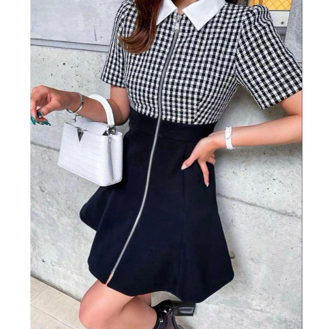 sheller シェリエ　フロントZIPチェックツイードドレス　ミニワンピース