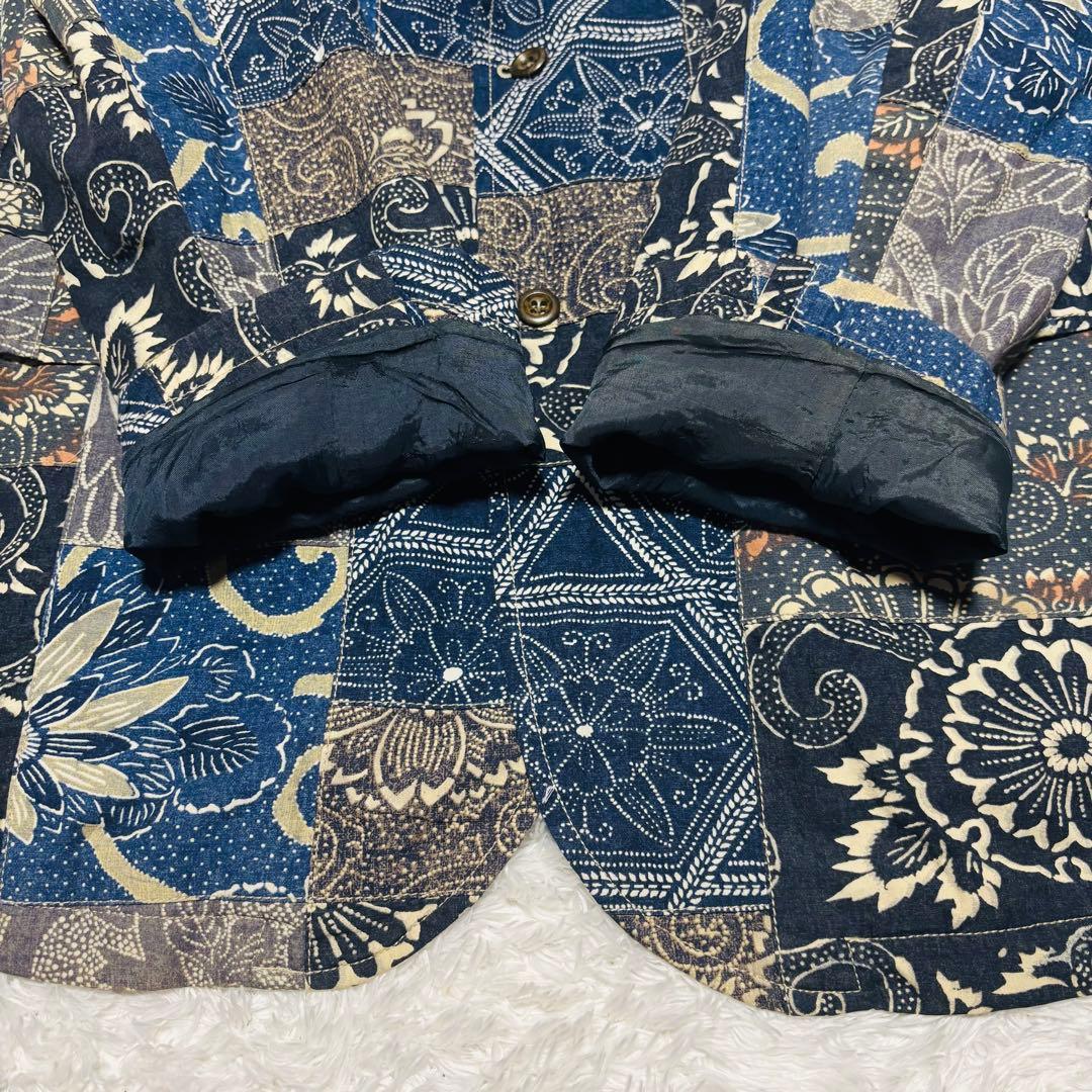 希少 J.CREW テーラードジャケット パッチワーク 和柄 藍染 唐草 2XL