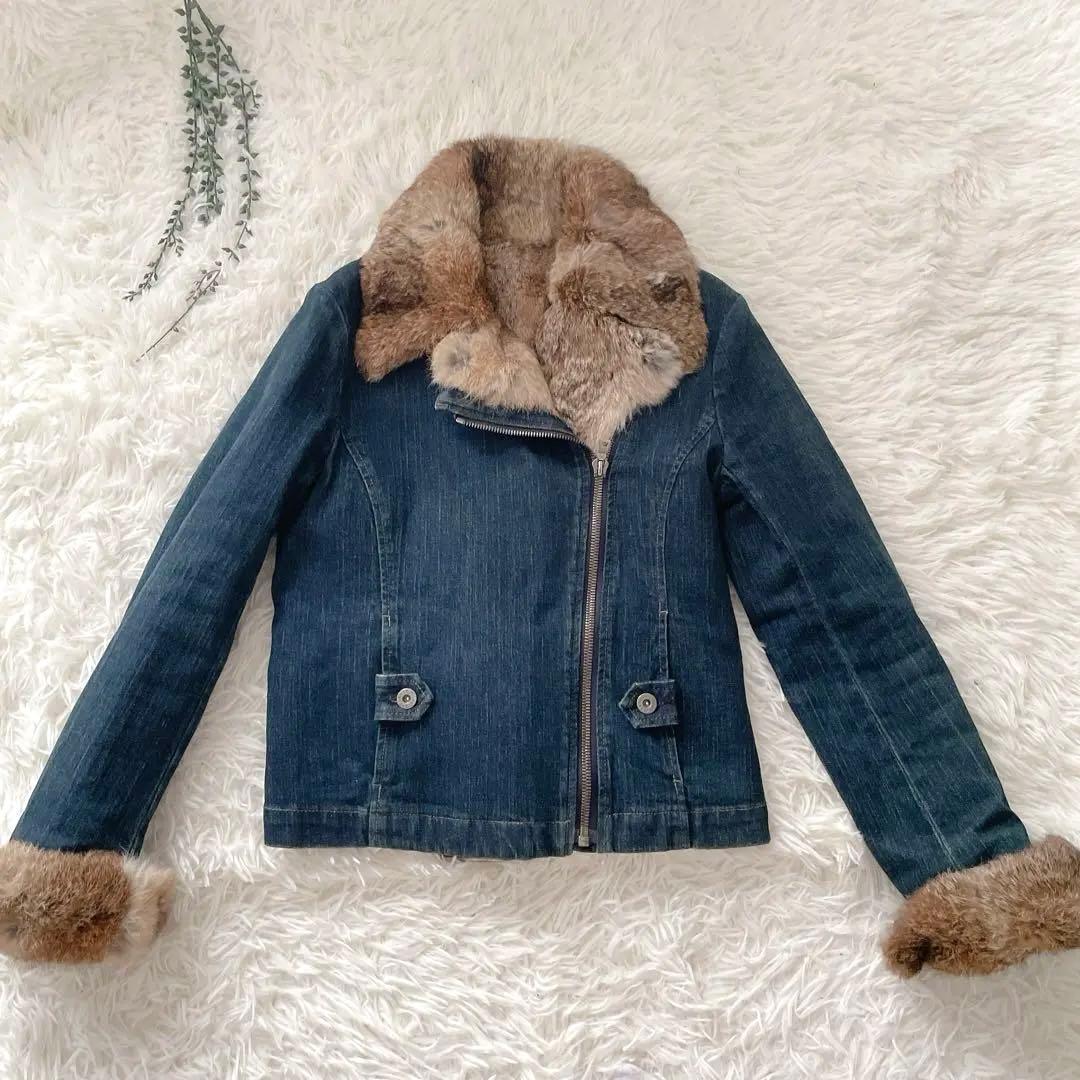 Theory セオリー ラビットファー 長袖 デニム ライダースジャケット M
