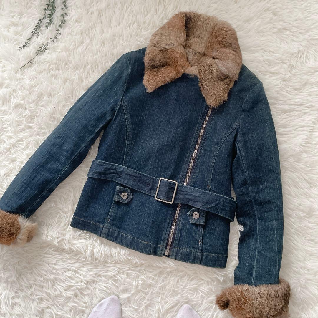 Theory セオリー ラビットファー 長袖 デニム ライダースジャケット M