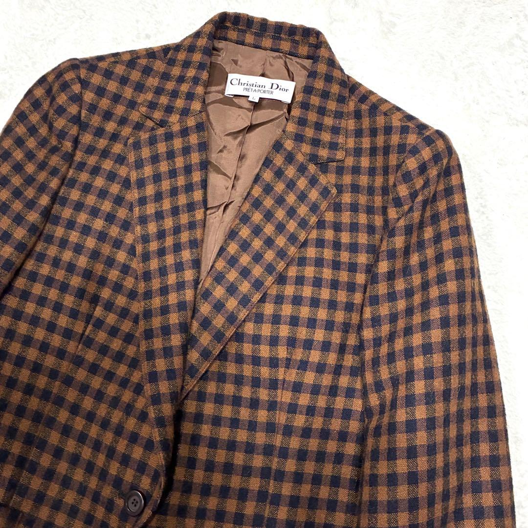 Christian Dior テーラードジャケットチェック柄 ブラウン L