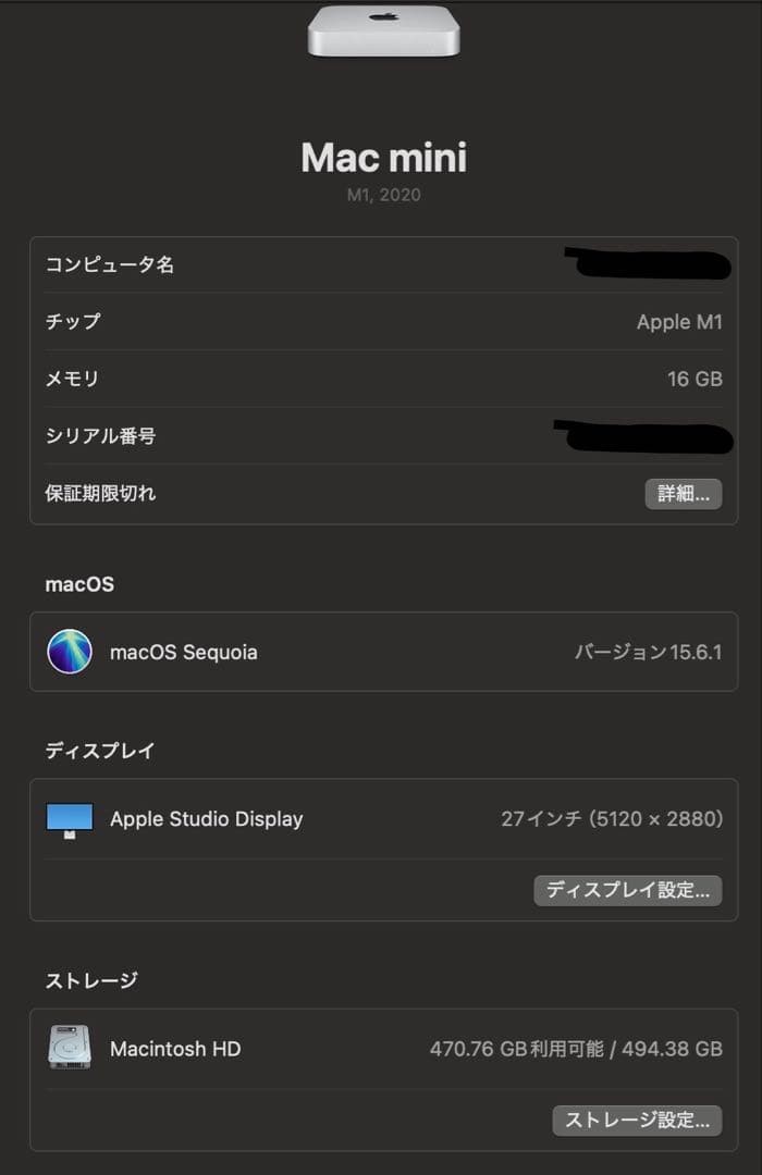 こ*ろ様 Apple Mac mini M1 メモリ:16GB ストレージ:51