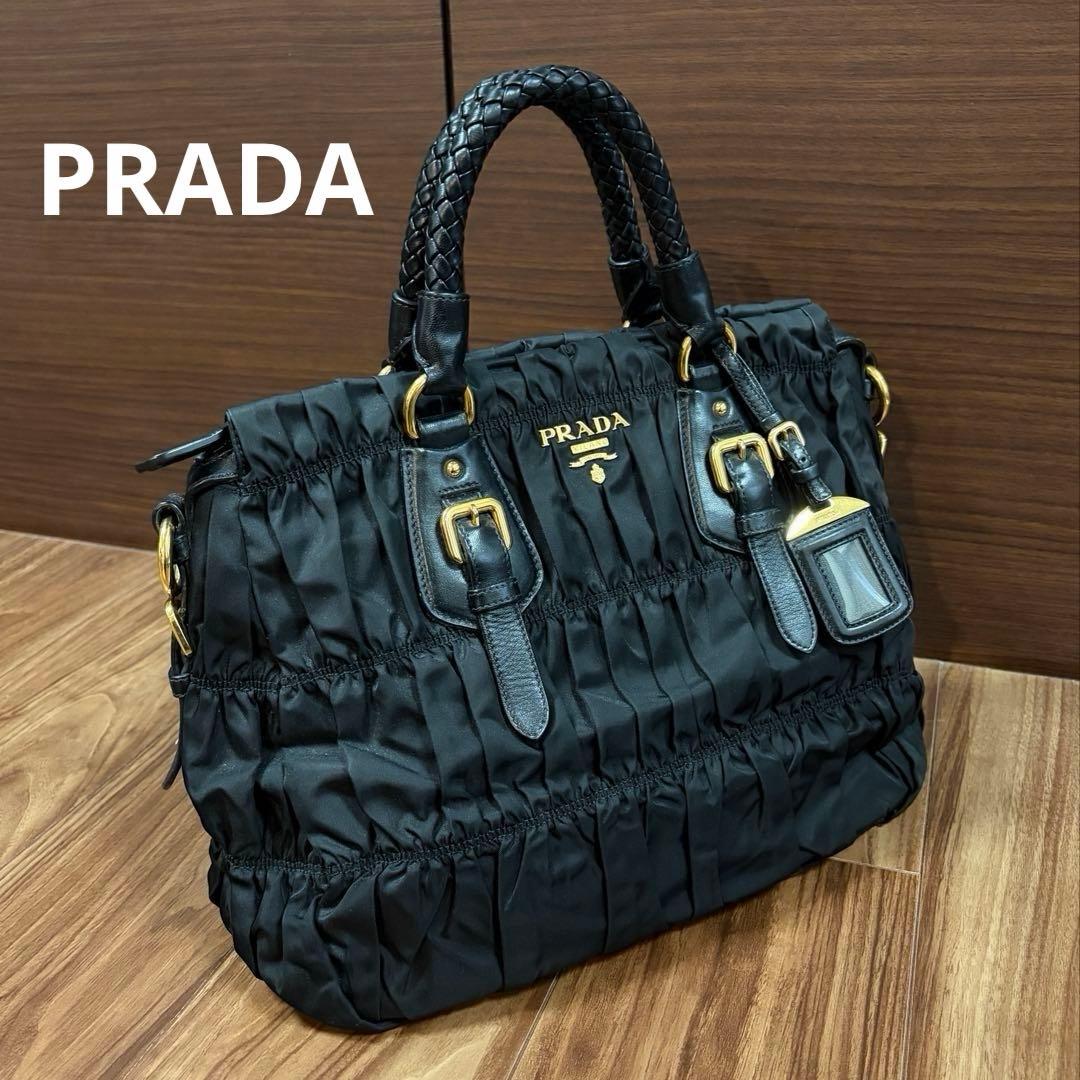 S58　美品PRADA プラダ ギャザー ハンドバッグ 2WAYショルダー