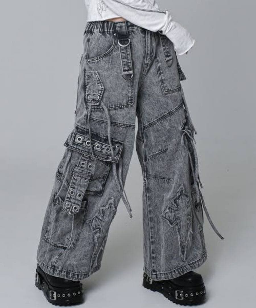 REFLEM レフレム クロスパッチ ワイドデニム カーゴパンツ グレー