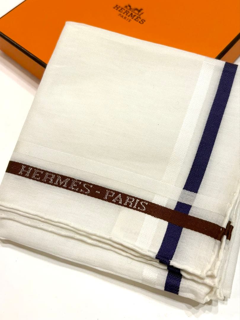 新品未使用☆エルメス　ハンカチ　ロゴ　ボーダー　スカーフ　コットンスカーフ美品
