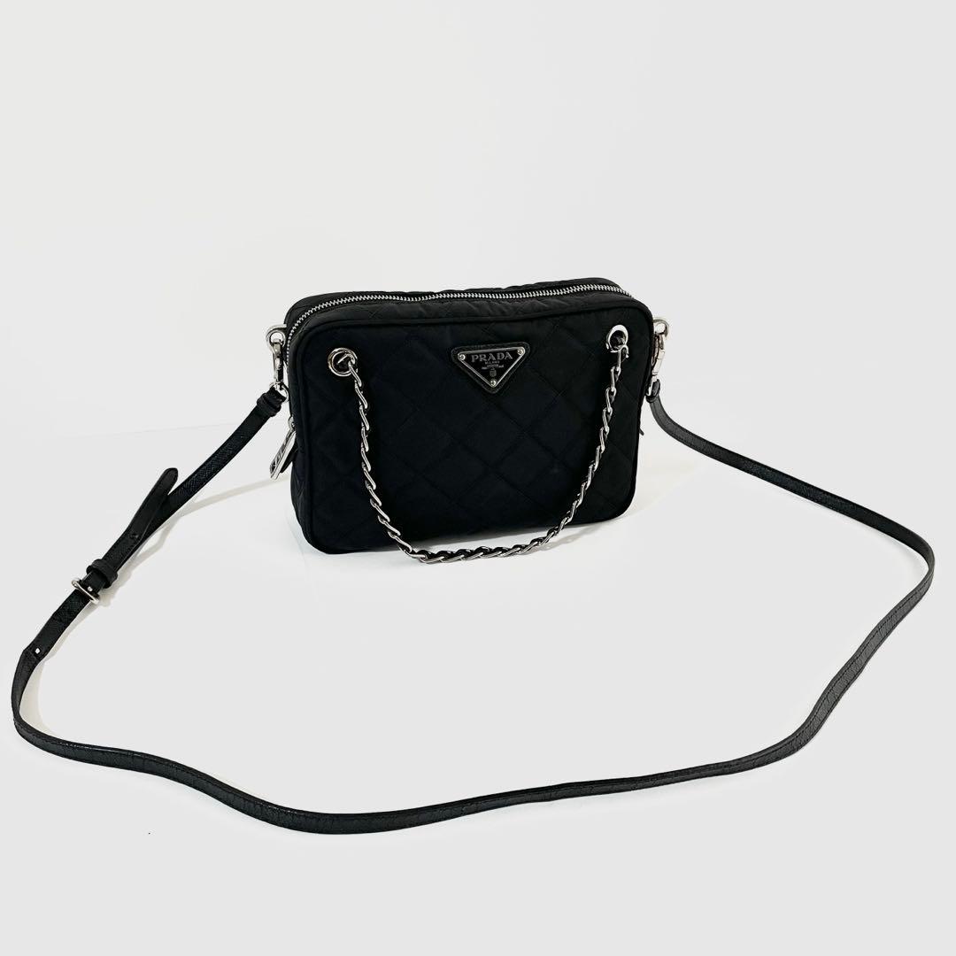 【良品】PRADA プラダ 2way チェーン ハンドバッグ キルティング 黒
